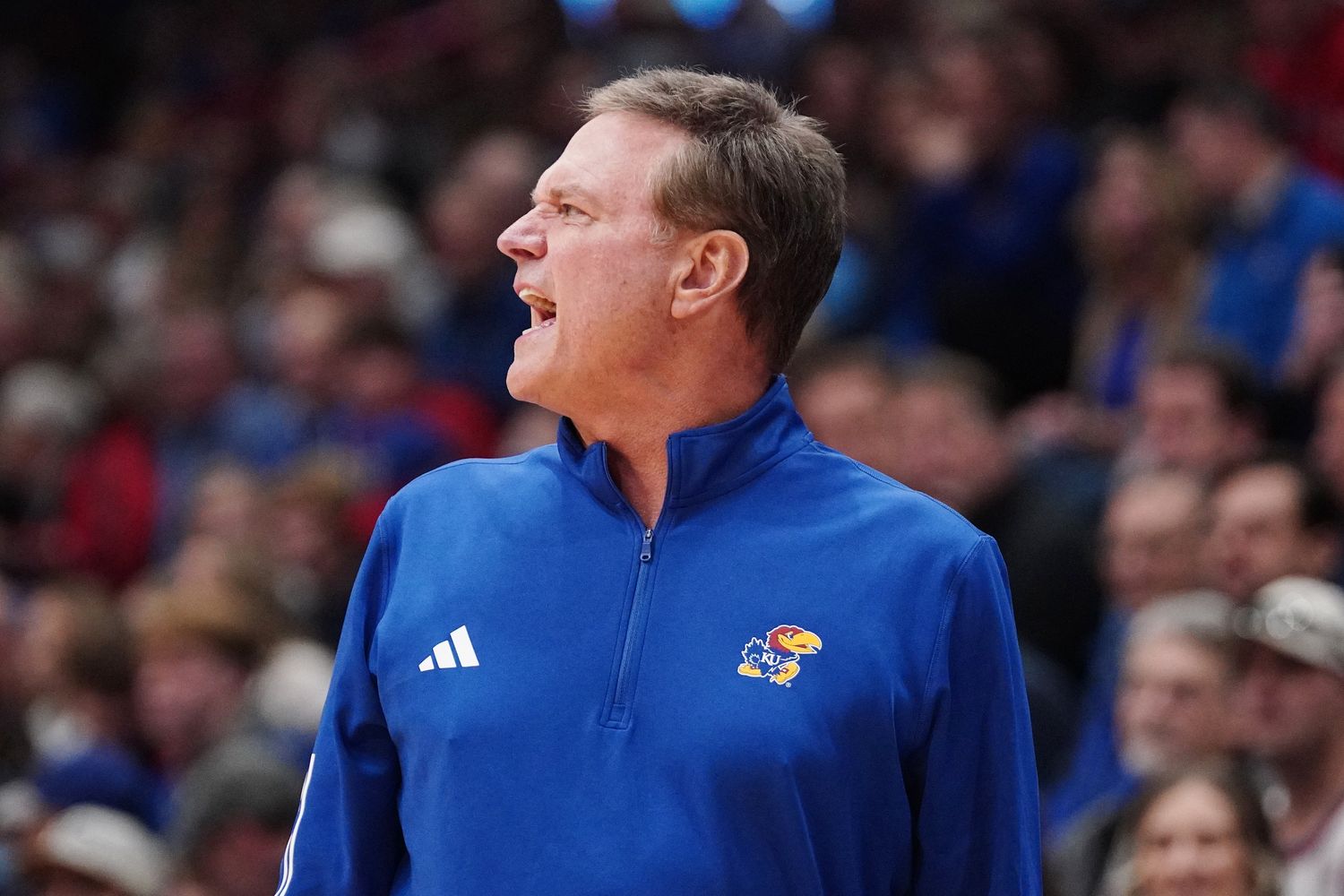 Nov 28, 2023; Lawrence, Kansas, USA; Kansas Jayhawks head coach Bill Self reacts to a play against the Eastern Illinois Panthers during the first half at Allen Fieldhouse. Mandatory Credit: Denny Medley-USA TODAY Sports  
